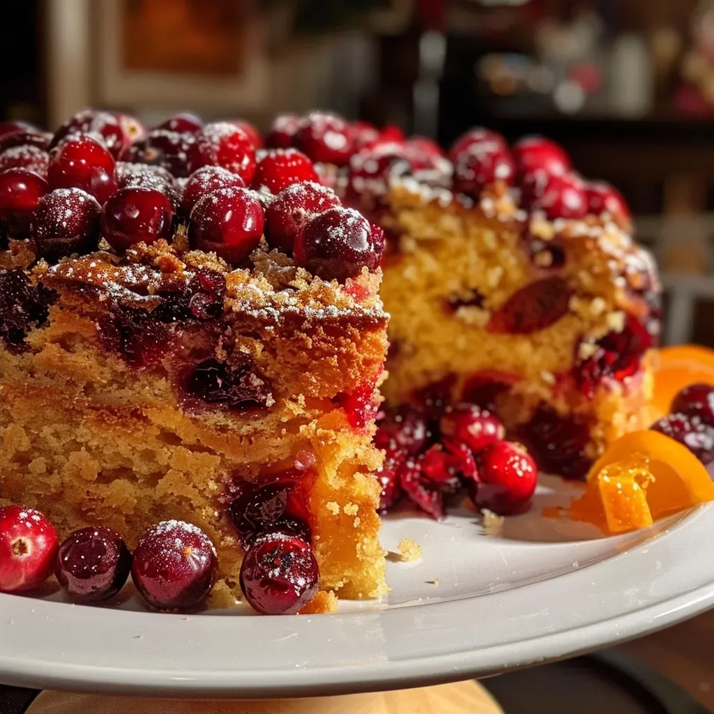 ['A close-up side view of a sliced Cranberry Orange Cake with visible juicy cranberries and orange zest.', 'A mouthwatering side view of a moist Cranberry Orange Cake, showcasing its rich red cranberry filling and orange topping.', 'A detailed side view of a delectable Cranberry Orange Cake, highlighting its vibrant layers and garnish.', 'A close-up shot of a Cranberry Orange Cake slice, featuring juicy cranberries and a hint of orange glaze.']