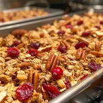 ['Close-up view of a bowl filled with cranberry orange granola, featuring oats and nuts.', 'Side perspective of a colorful mix of cranberry orange granola with visible nuts and dried fruits.', 'Detailed shot of cranberry orange granola presented in a rustic bowl, showcasing its textures.', 'Appetizing side view of granola with dried cranberries and orange zest, highlighting its ingredients.']