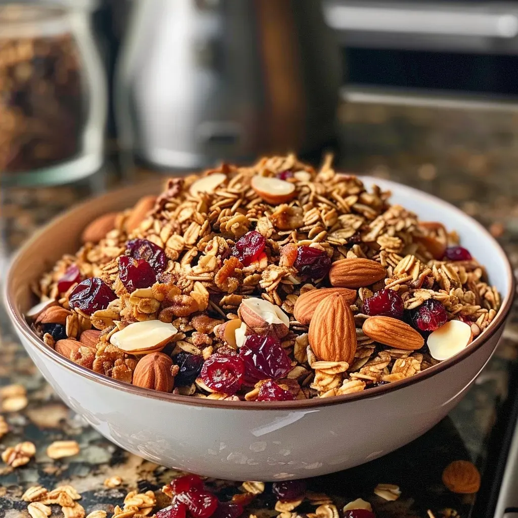 ['Close-up view of a bowl filled with cranberry orange granola, featuring oats and nuts.', 'Side perspective of a colorful mix of cranberry orange granola with visible nuts and dried fruits.', 'Detailed shot of cranberry orange granola presented in a rustic bowl, showcasing its textures.', 'Appetizing side view of granola with dried cranberries and orange zest, highlighting its ingredients.']