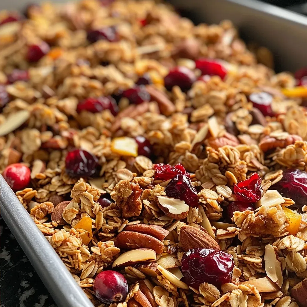 ['Close-up view of a bowl filled with cranberry orange granola, featuring oats and nuts.', 'Side perspective of a colorful mix of cranberry orange granola with visible nuts and dried fruits.', 'Detailed shot of cranberry orange granola presented in a rustic bowl, showcasing its textures.', 'Appetizing side view of granola with dried cranberries and orange zest, highlighting its ingredients.']