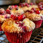 ['Close-up view of cranberry orange muffins topped with streusel, showcasing a golden-brown crust and plump cranberries.', 'Side perspective of freshly baked cranberry orange muffins with a crumbly streusel topping and scattered cranberries on top.', 'Juicy cranberry orange muffins with a golden-brown streusel topping, displayed on a plate, emphasizing their moist texture.', 'A delicious batch of cranberry orange muffins featuring a crunchy streusel topping, highlighted by bright red cranberries.']