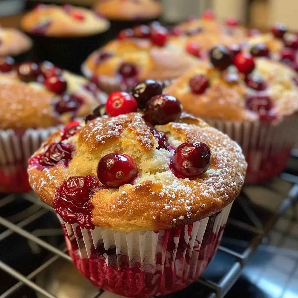 ['Close-up view of cranberry orange muffins topped with streusel, showcasing a golden-brown crust and plump cranberries.', 'Side perspective of freshly baked cranberry orange muffins with a crumbly streusel topping and scattered cranberries on top.', 'Juicy cranberry orange muffins with a golden-brown streusel topping, displayed on a plate, emphasizing their moist texture.', 'A delicious batch of cranberry orange muffins featuring a crunchy streusel topping, highlighted by bright red cranberries.']