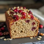 ['Close-up of a slice of cranberry orange oatmeal bread with visible cranberries and orange zest.', 'Side view of freshly baked cranberry orange oatmeal bread showcasing its moist texture and ingredients.', 'A detailed look at cranberry orange oatmeal bread highlighting the chunks of cranberries and nuts.', 'Slice of healthy cranberry orange oatmeal bread displaying vibrant orange zest and juicy cranberries.']