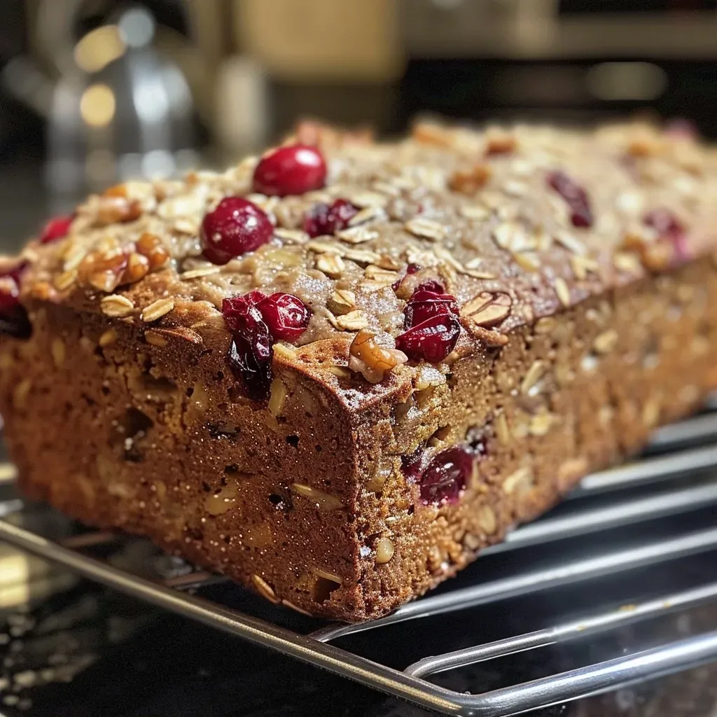['Close-up of a slice of cranberry orange oatmeal bread with visible cranberries and orange zest.', 'Side view of freshly baked cranberry orange oatmeal bread showcasing its moist texture and ingredients.', 'A detailed look at cranberry orange oatmeal bread highlighting the chunks of cranberries and nuts.', 'Slice of healthy cranberry orange oatmeal bread displaying vibrant orange zest and juicy cranberries.']