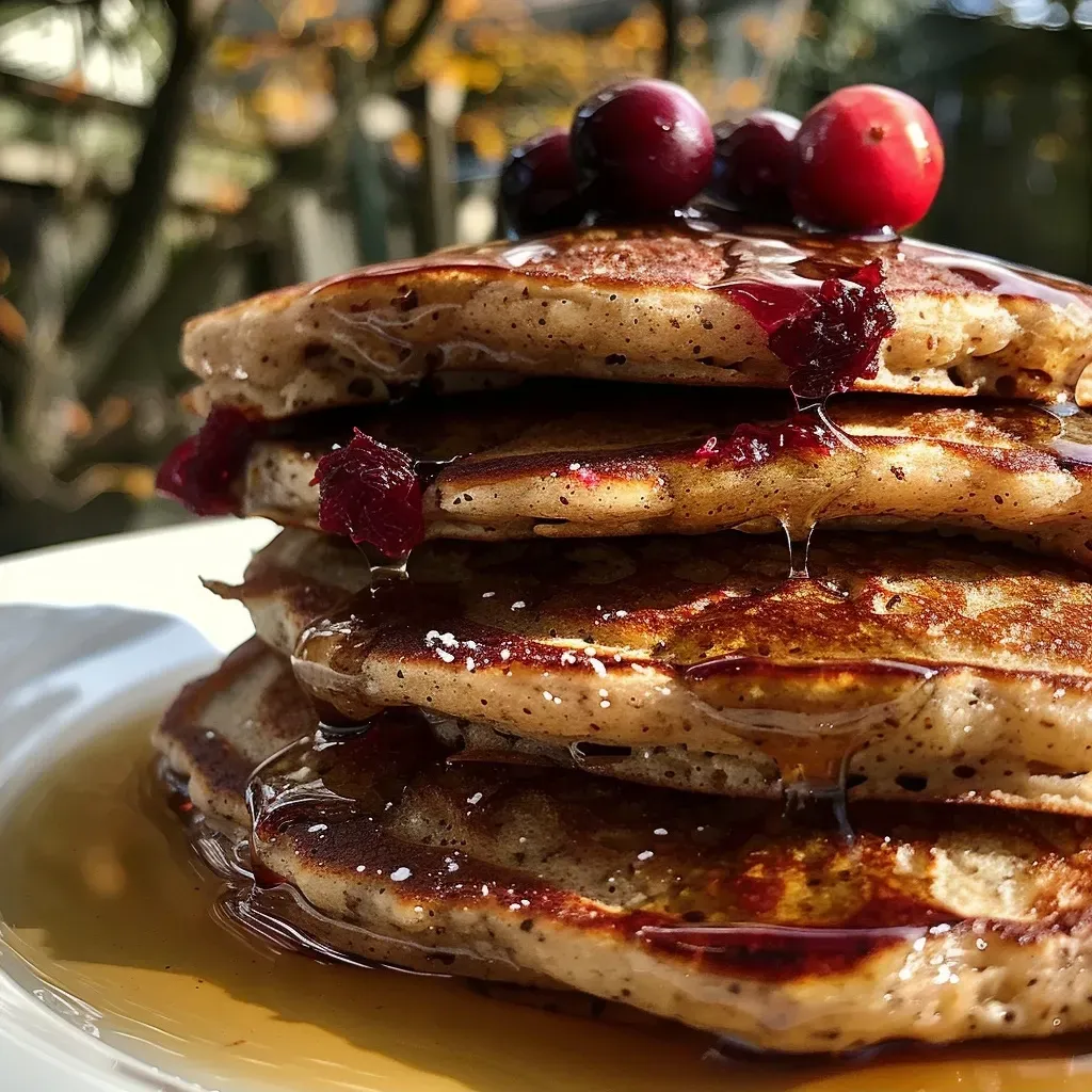 Close-up view of stacked cranberry orange pancakes with a drizzle of syrup.
