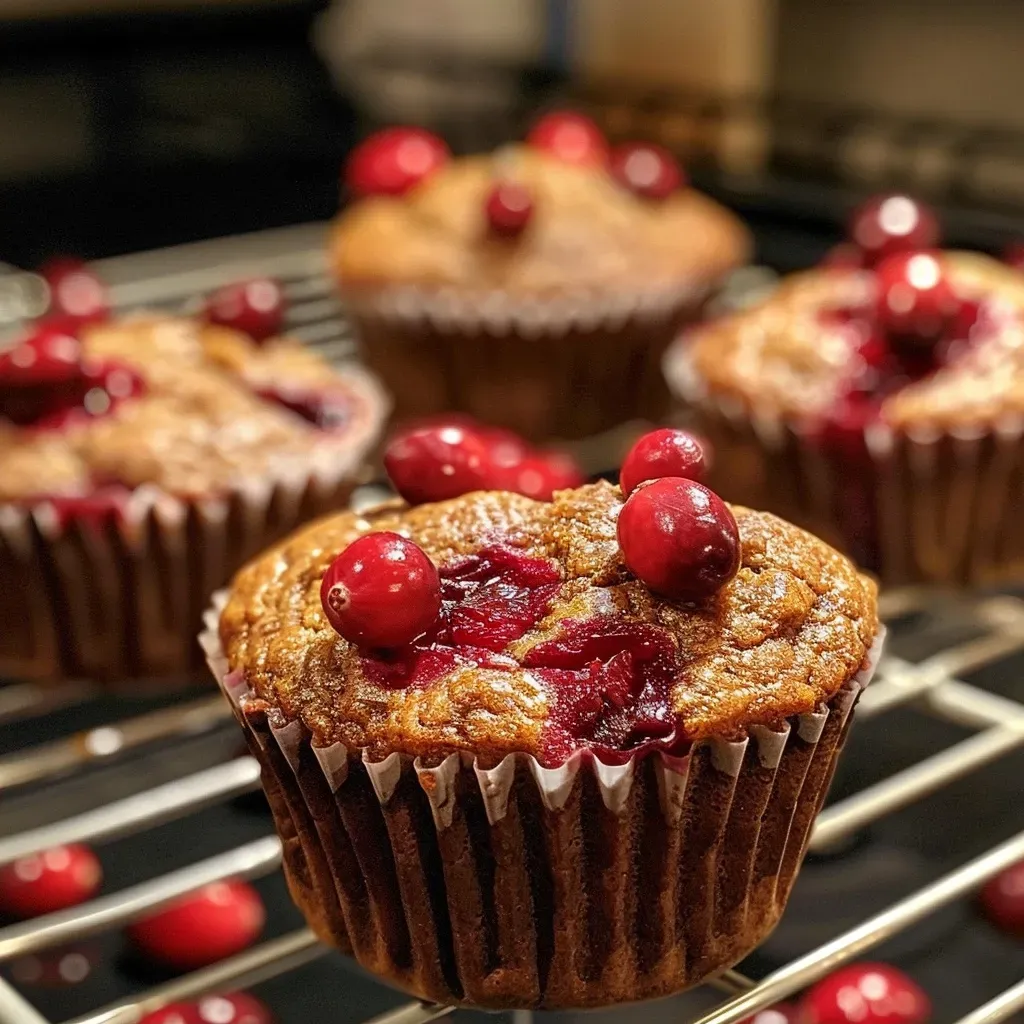 ['Close-up view of golden-brown Cranberry Orange Protein Muffins with visible fruit pieces.', 'Side angle of freshly baked Cranberry Orange Protein Muffins, highlighting their moist interior and texture.', 'Juicy Cranberry Orange Protein Muffins arranged on a plate, showcasing their vibrant color and crumbly exterior.', 'Mouthwatering close-up of Cranberry Orange Protein Muffins with cranberries and orange zest peeking through.']