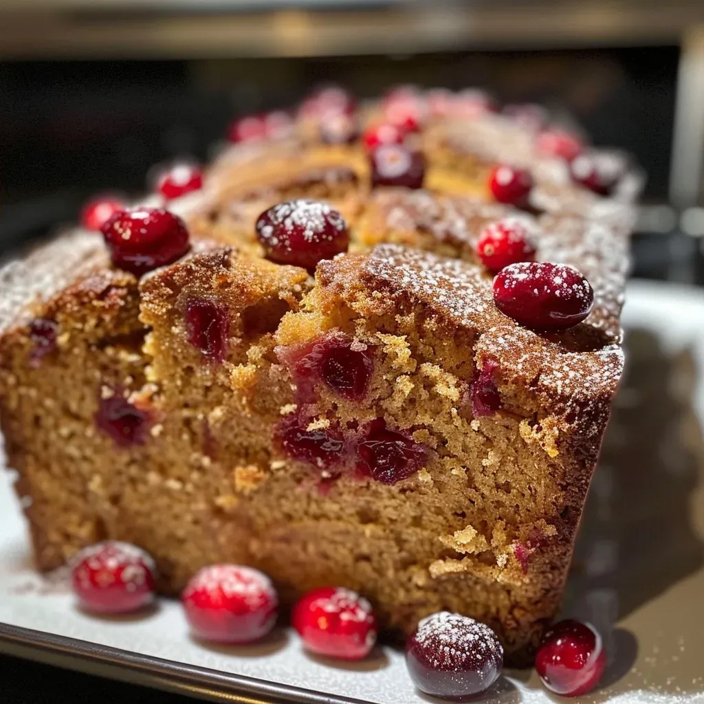['Close-up side view of a slice of cranberry-orange pumpkin bread showcasing its texture and ingredients.', 'Juicy cranberry-orange pumpkin bread displayed attractively, highlighting the cranberries and orange zest.', 'A delicious slice of pumpkin bread with cranberries and a hint of orange flavor, photographed from the side.', 'Side view of moist cranberry-orange pumpkin bread, garnished with dried cranberries, revealing its rich color.']