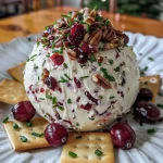 ['A close-up side view of a cranberry pecan cheese ball on a wooden serving board.', 'Juicy cranberry pecan cheese ball garnished with fresh chives and surrounded by crackers.', 'Delicious cheese ball made of cream cheese, white cheddar, cranberries, and pecans, with a textured exterior.', 'Close-up image showcasing a cheese ball with a colorful cranberry and pecan coating, served with crackers.']