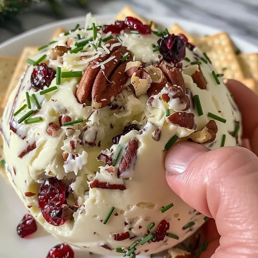 ['A close-up side view of a cranberry pecan cheese ball on a wooden serving board.', 'Juicy cranberry pecan cheese ball garnished with fresh chives and surrounded by crackers.', 'Delicious cheese ball made of cream cheese, white cheddar, cranberries, and pecans, with a textured exterior.', 'Close-up image showcasing a cheese ball with a colorful cranberry and pecan coating, served with crackers.']