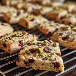 ['A close-up side view of a cranberry pistachio shortbread cookie with visible pieces of cranberries and pistachios.', 'A detailed image showcasing a slice of cranberry pistachio shortbread, highlighting its texture and ingredients.', 'An appetizing side view of a shortbread cookie adorned with chopped cranberries and pistachios.', 'A vibrant close-up of a cranberry pistachio shortbread, emphasizing its buttery texture and colorful toppings.']