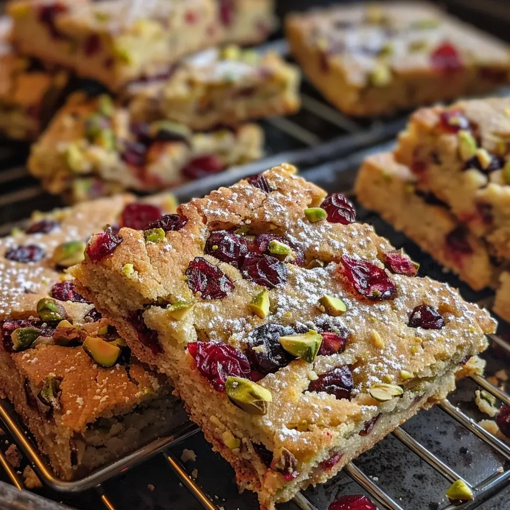 ['A close-up side view of a cranberry pistachio shortbread cookie with visible pieces of cranberries and pistachios.', 'A detailed image showcasing a slice of cranberry pistachio shortbread, highlighting its texture and ingredients.', 'An appetizing side view of a shortbread cookie adorned with chopped cranberries and pistachios.', 'A vibrant close-up of a cranberry pistachio shortbread, emphasizing its buttery texture and colorful toppings.']