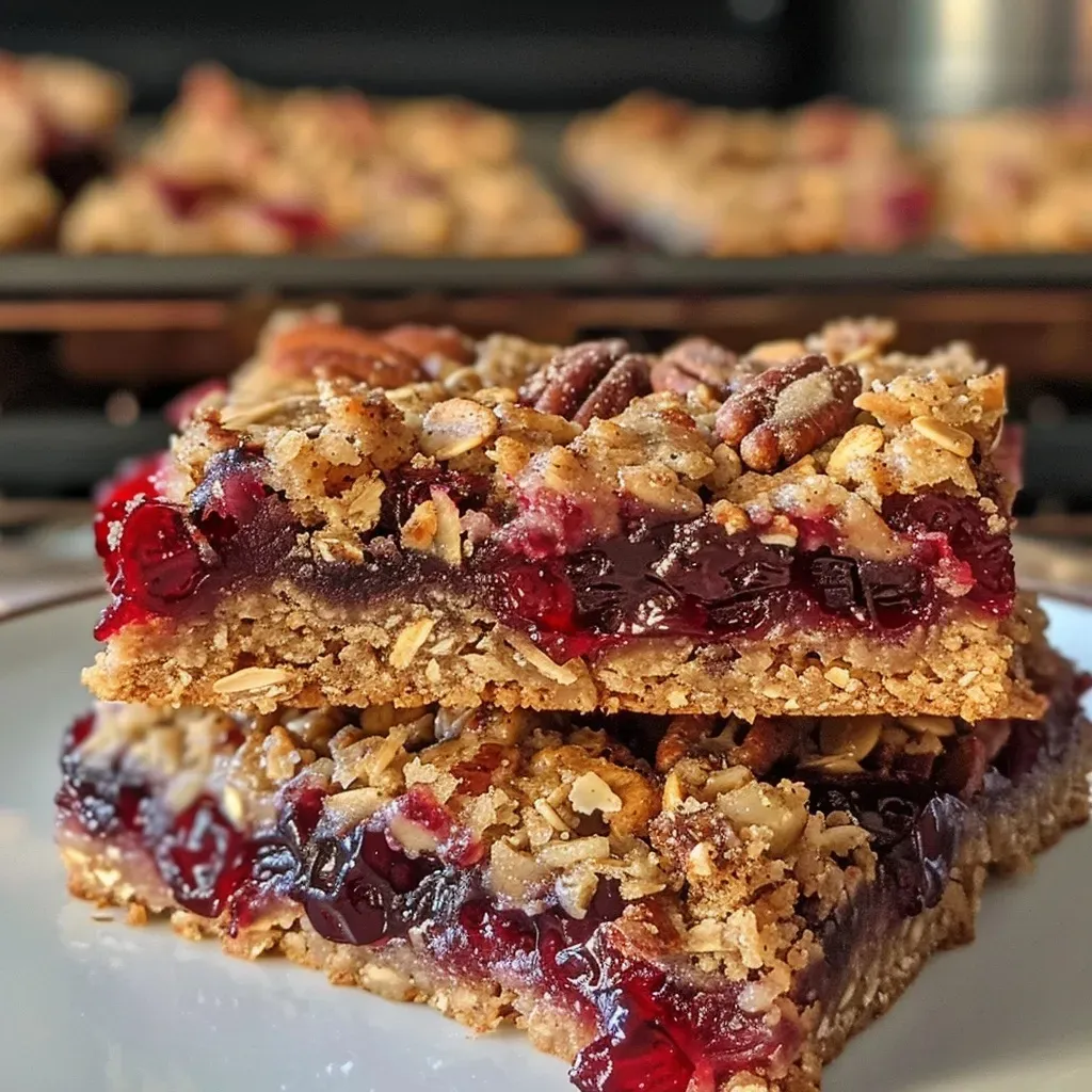 Close-up view of cranberry sauce oat bars showcasing layers of oats and cranberry sauce.