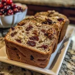 ['Close-up of sliced cranberry walnut bread with visible cranberries and walnuts.', 'Side view of a freshly baked loaf of cranberry walnut bread on a wooden table.', 'Juicy cranberry walnut bread revealing its moist texture and ingredient chunks.', 'Detailed shot of cranberry walnut bread showcasing its crust and filling ingredients.']