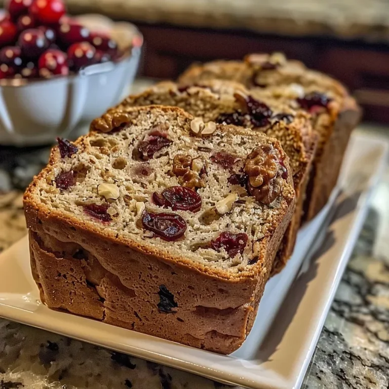['Close-up of sliced cranberry walnut bread with visible cranberries and walnuts.', 'Side view of a freshly baked loaf of cranberry walnut bread on a wooden table.', 'Juicy cranberry walnut bread revealing its moist texture and ingredient chunks.', 'Detailed shot of cranberry walnut bread showcasing its crust and filling ingredients.']