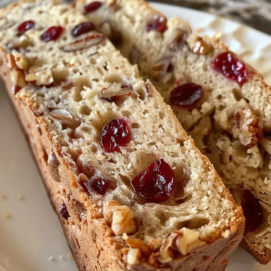 ['Close-up of sliced cranberry walnut bread with visible cranberries and walnuts.', 'Side view of a freshly baked loaf of cranberry walnut bread on a wooden table.', 'Juicy cranberry walnut bread revealing its moist texture and ingredient chunks.', 'Detailed shot of cranberry walnut bread showcasing its crust and filling ingredients.']
