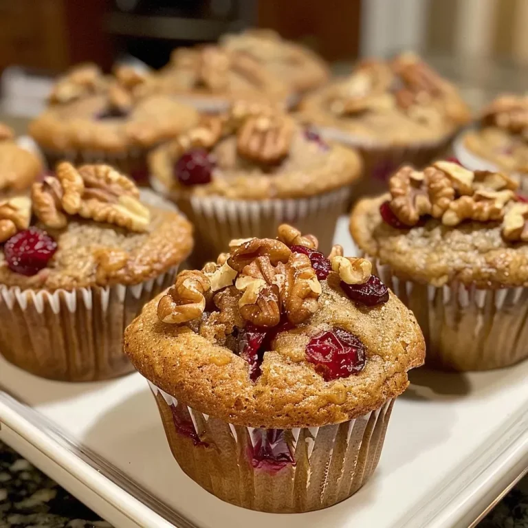 ['Close-up view of moist cranberry walnut muffins with a golden brown crust.', 'Side angle of freshly baked cranberry walnut muffins, showcasing their texture and ingredients.', 'Juicy cranberry walnut muffins displayed, highlighting their rich colors and nutty toppings.', 'Delicious cranberry walnut muffins with a glossy finish, emphasizing their inviting appearance.']