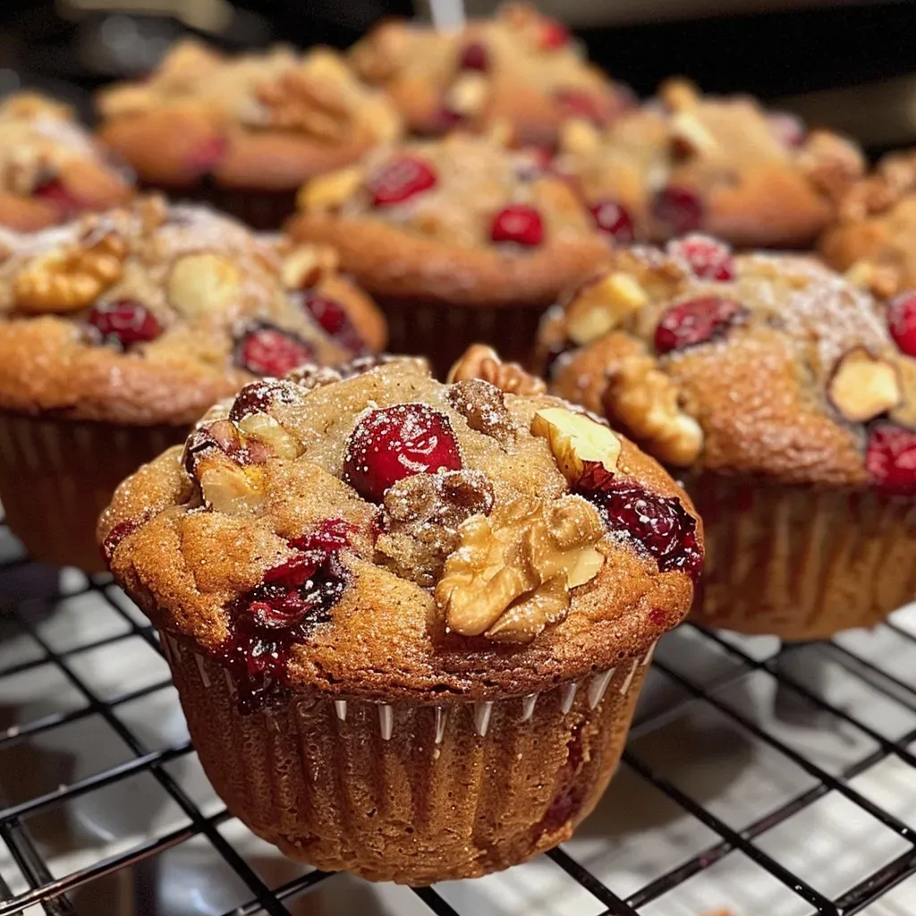 ['Close-up view of moist cranberry walnut muffins with a golden brown crust.', 'Side angle of freshly baked cranberry walnut muffins, showcasing their texture and ingredients.', 'Juicy cranberry walnut muffins displayed, highlighting their rich colors and nutty toppings.', 'Delicious cranberry walnut muffins with a glossy finish, emphasizing their inviting appearance.']
