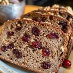 ['Close-up side view of a loaf of cranberry walnut sourdough bread with a golden crust.', 'Juicy sourdough bread infused with cranberries and walnuts, showcasing texture and color.', 'A side perspective of freshly baked cranberry walnut sourdough, emphasizing its artisanal crust.', 'Detailed view of a sliced sourdough loaf, highlighting the cranberries and walnuts within.']