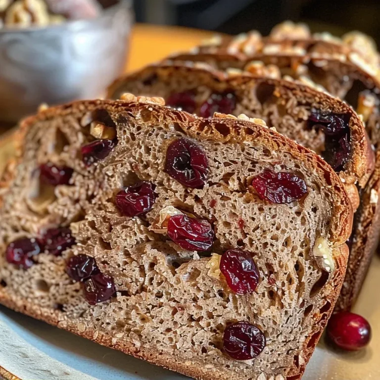['Close-up side view of a loaf of cranberry walnut sourdough bread with a golden crust.', 'Juicy sourdough bread infused with cranberries and walnuts, showcasing texture and color.', 'A side perspective of freshly baked cranberry walnut sourdough, emphasizing its artisanal crust.', 'Detailed view of a sliced sourdough loaf, highlighting the cranberries and walnuts within.']