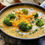 ['A close-up view of a bowl of creamy broccoli cheddar soup with a smooth texture.', 'Side view of vibrant green broccoli cheddar soup garnished with shredded cheese.', 'A rich, creamy soup filled with chunks of broccoli and carrots in a white bowl.', 'An appetizing bowl of broccoli cheddar soup steaming in a casual kitchen setting.']