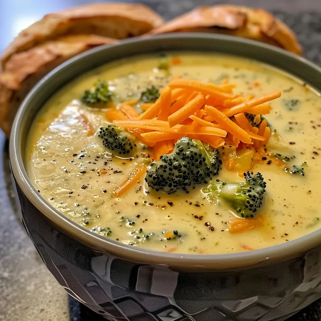 ['A close-up view of a bowl of creamy broccoli cheddar soup with a smooth texture.', 'Side view of vibrant green broccoli cheddar soup garnished with shredded cheese.', 'A rich, creamy soup filled with chunks of broccoli and carrots in a white bowl.', 'An appetizing bowl of broccoli cheddar soup steaming in a casual kitchen setting.']