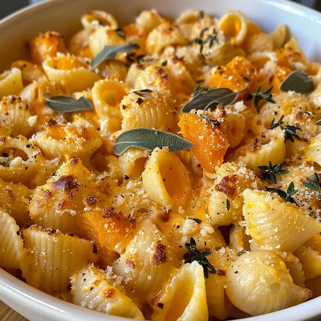 Close-up view of creamy butternut squash mac and cheese with a golden crust.