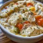 ['Close-up view of creamy chicken and dumplings, featuring tender chicken and fluffy dumplings in a rich sauce.', 'A side view of a bowl of creamy chicken and dumplings, showcasing golden-brown dumplings nestled in a thick chicken broth.', 'Detailed shot of a delicious creamy chicken and dumplings dish, highlighting bite-sized chicken and fresh vegetables.', 'Close-up image of homemade creamy chicken and dumplings, with visible herbs and spices in a comforting broth.']