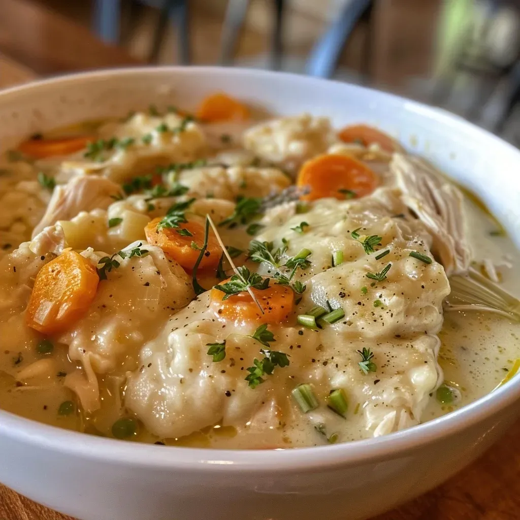 ['Close-up view of creamy chicken and dumplings, featuring tender chicken and fluffy dumplings in a rich sauce.', 'A side view of a bowl of creamy chicken and dumplings, showcasing golden-brown dumplings nestled in a thick chicken broth.', 'Detailed shot of a delicious creamy chicken and dumplings dish, highlighting bite-sized chicken and fresh vegetables.', 'Close-up image of homemade creamy chicken and dumplings, with visible herbs and spices in a comforting broth.']
