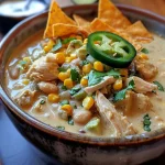 ['Close-up of a creamy white chicken chili in a bowl, topped with avocado and jalapenos.', 'Side view of a hearty, creamy chicken chili garnished with tortilla strips and cilantro.', 'Bowl of white chicken chili packed with beans and corn, showcasing a creamy texture.', 'Delicious creamy white chicken chili served in a rustic bowl, featuring jalapenos and sour cream.']
