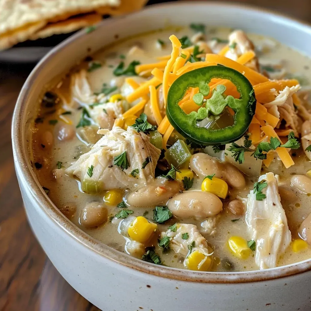 ['Close-up of a creamy white chicken chili in a bowl, topped with avocado and jalapenos.', 'Side view of a hearty, creamy chicken chili garnished with tortilla strips and cilantro.', 'Bowl of white chicken chili packed with beans and corn, showcasing a creamy texture.', 'Delicious creamy white chicken chili served in a rustic bowl, featuring jalapenos and sour cream.']