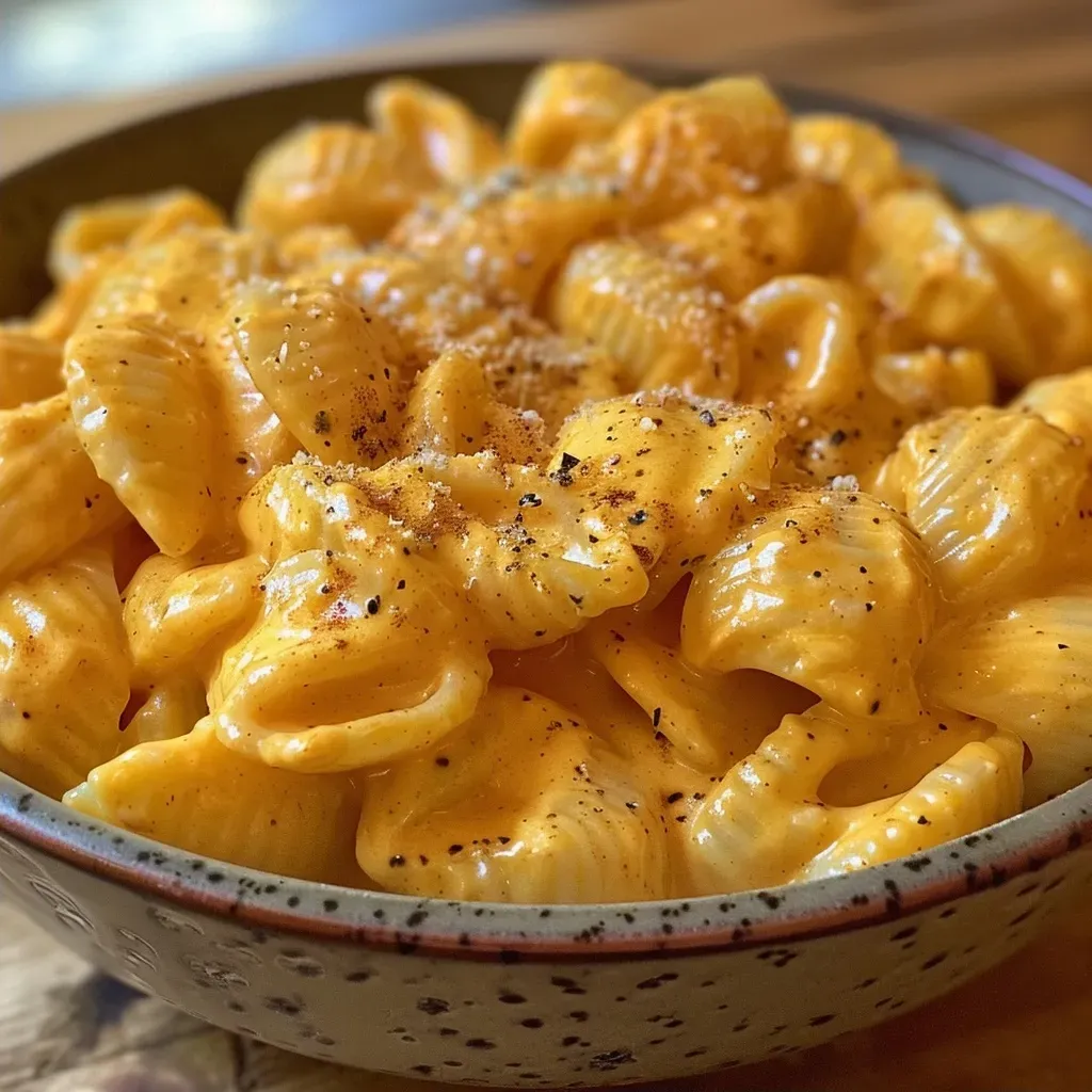 A close-up view of creamy pumpkin mac and cheese in a bowl, showcasing its rich texture and golden color.