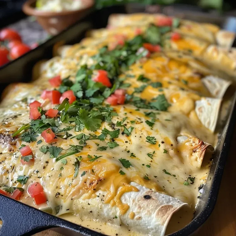 ['Close-up of creamy poblano chicken enchiladas drizzled with a light sauce and garnished with cilantro.', 'Side view of delicious creamy chicken enchiladas, highlighting their melted cheese and poblano pepper filling.', 'Juicy enchiladas filled with shredded chicken and poblano peppers, topped with a sprinkle of fresh cilantro.', 'A tempting plate of creamy chicken enchiladas, showing layers of corn tortillas and a creamy green sauce.']