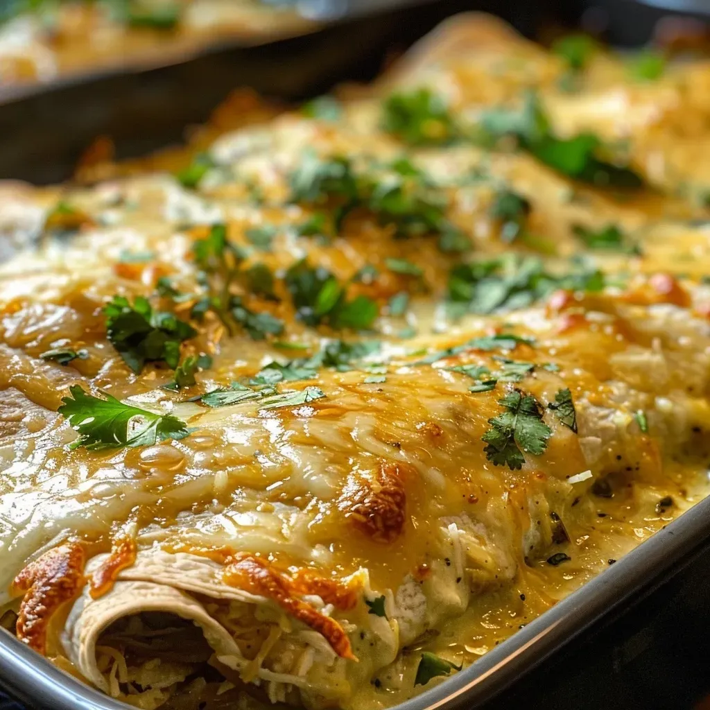 ['Close-up of creamy poblano chicken enchiladas drizzled with a light sauce and garnished with cilantro.', 'Side view of delicious creamy chicken enchiladas, highlighting their melted cheese and poblano pepper filling.', 'Juicy enchiladas filled with shredded chicken and poblano peppers, topped with a sprinkle of fresh cilantro.', 'A tempting plate of creamy chicken enchiladas, showing layers of corn tortillas and a creamy green sauce.']