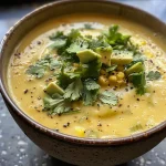 ['A close-up side view of creamy poblano corn soup garnished with cilantro and avocado.', 'A bowl of rich and creamy poblano corn soup featuring fresh corn kernels and crushed tortilla chips.', 'A detailed view of creamy poblano corn soup, showcasing vibrant green poblano peppers and a sprinkle of lime.', 'Close-up of a comforting creamy poblano corn soup topped with sour cream and cilantro, served in a rustic bowl.']