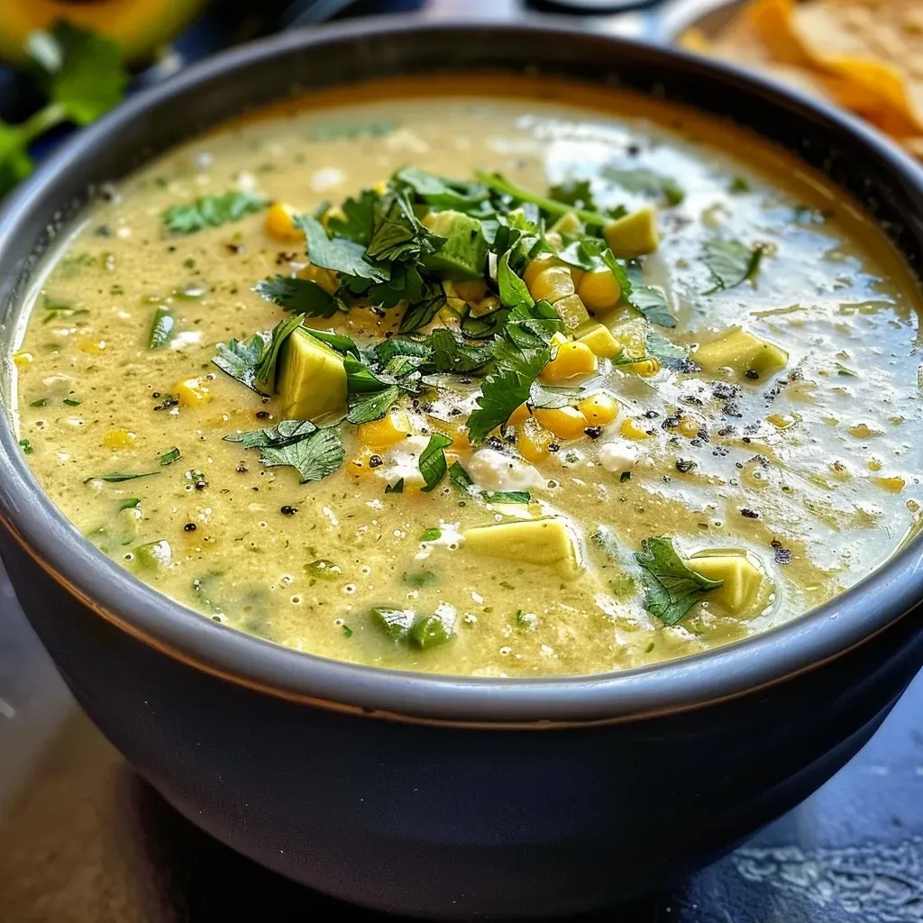 ['A close-up side view of creamy poblano corn soup garnished with cilantro and avocado.', 'A bowl of rich and creamy poblano corn soup featuring fresh corn kernels and crushed tortilla chips.', 'A detailed view of creamy poblano corn soup, showcasing vibrant green poblano peppers and a sprinkle of lime.', 'Close-up of a comforting creamy poblano corn soup topped with sour cream and cilantro, served in a rustic bowl.']