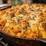 ['Close-up view of creamy pumpkin baked ziti with melted cheese.', 'Side view of a dish filled with creamy pumpkin baked ziti topped with herbs.', 'Deliciously baked ziti featuring pumpkin sauce and bubbling cheese.', 'A warm serving of creamy pumpkin baked ziti, showcasing its cheesy texture.']