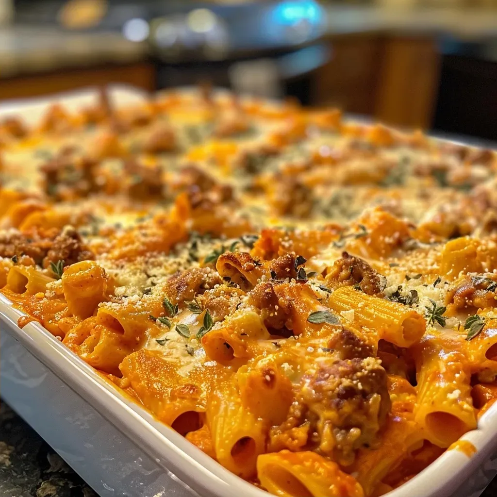 ['Close-up view of creamy pumpkin baked ziti with melted cheese.', 'Side view of a dish filled with creamy pumpkin baked ziti topped with herbs.', 'Deliciously baked ziti featuring pumpkin sauce and bubbling cheese.', 'A warm serving of creamy pumpkin baked ziti, showcasing its cheesy texture.']