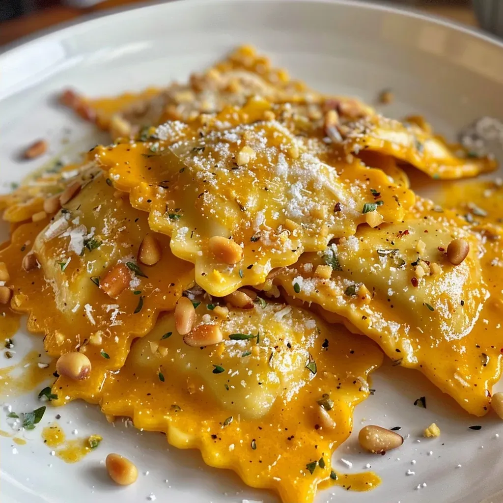 ['Close-up of creamy pumpkin ravioli with a buttery sauce and herbs.', 'Side view of freshly cooked pumpkin ravioli garnished with nuts and cheese.', 'Delicious plate of creamy pumpkin ravioli showcasing the rich sauce and herbs.', 'Juicy pumpkin ravioli served with a creamy white sauce and herbs.']