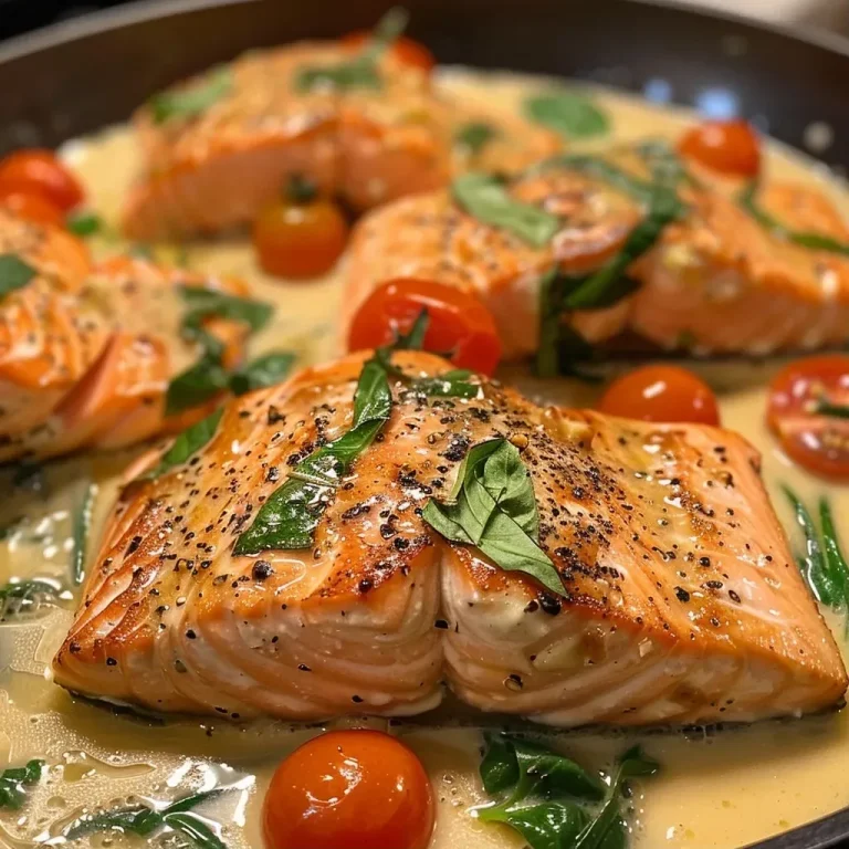 ['Close-up view of creamy Tuscan salmon garnished with cherry tomatoes and spinach.', 'Juicy salmon fillets in a creamy sauce with garlic and basil, side view shot.', 'Detailed image showcasing a plate of creamy Tuscan salmon with vibrant colors from tomatoes and greens.', 'Side view of succulent salmon fillets in rich cream sauce with herbs and spices.']