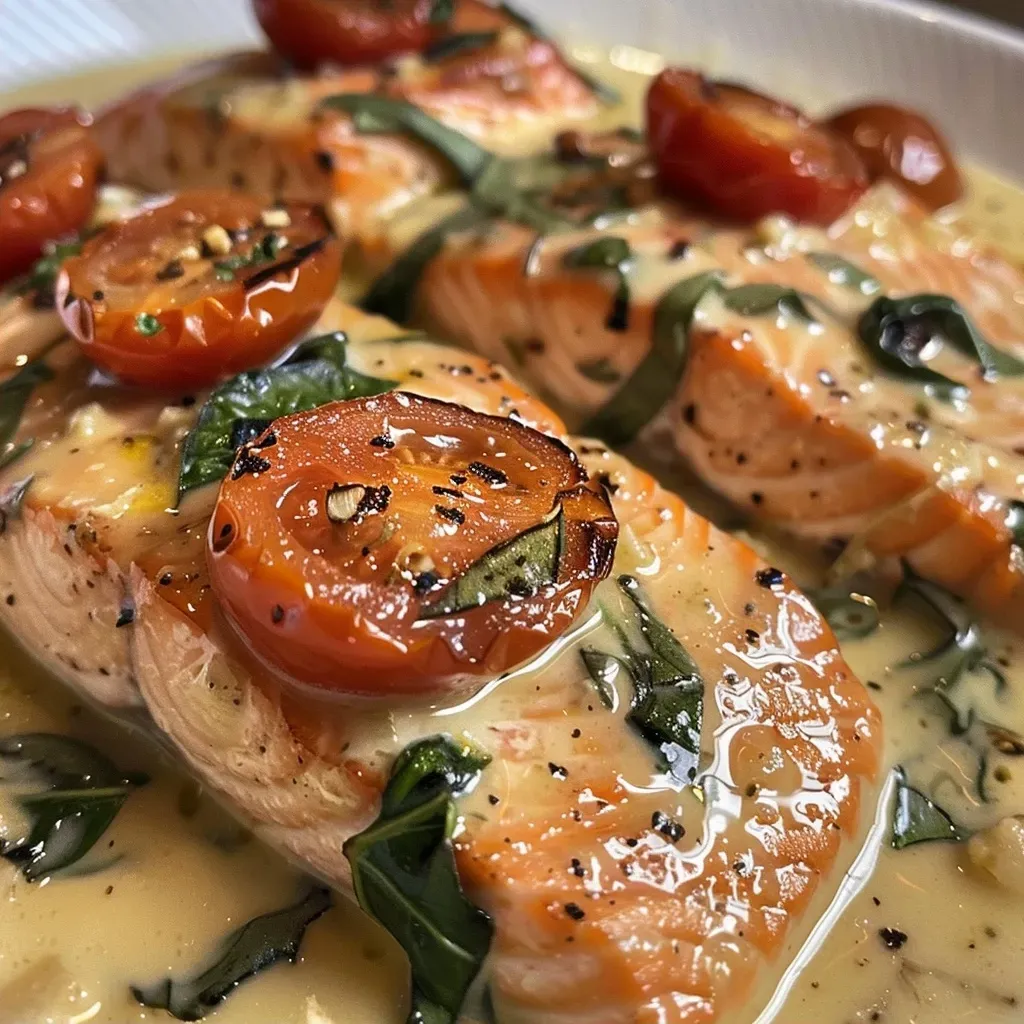 ['Close-up view of creamy Tuscan salmon garnished with cherry tomatoes and spinach.', 'Juicy salmon fillets in a creamy sauce with garlic and basil, side view shot.', 'Detailed image showcasing a plate of creamy Tuscan salmon with vibrant colors from tomatoes and greens.', 'Side view of succulent salmon fillets in rich cream sauce with herbs and spices.']