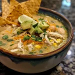 ['Close-up view of a creamy white chicken chili bowl garnished with fresh cilantro and avocado.', 'Side view of a delicious creamy white chicken chili topped with shredded cheese and green onions.', 'Juicy creamy white chicken chili in a rustic bowl with tortilla chips on the side.', 'A savory bowl of creamy white chicken chili showcasing vibrant ingredients like corn and diced green chilies.']