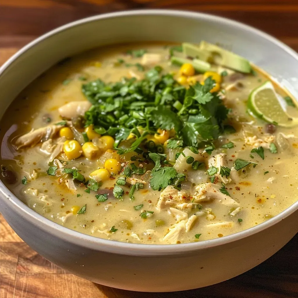 ['Close-up view of a creamy white chicken chili bowl garnished with fresh cilantro and avocado.', 'Side view of a delicious creamy white chicken chili topped with shredded cheese and green onions.', 'Juicy creamy white chicken chili in a rustic bowl with tortilla chips on the side.', 'A savory bowl of creamy white chicken chili showcasing vibrant ingredients like corn and diced green chilies.']