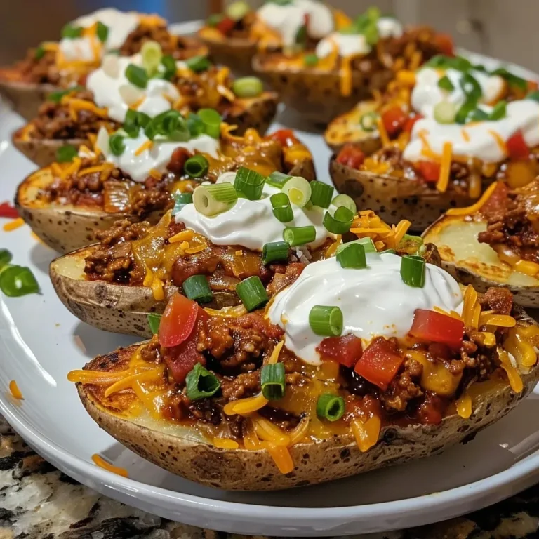 ['Close-up of crispy potato skins topped with chili and cheese.', 'Side view of loaded potato skins garnished with green onions and sour cream.', 'Appetizing crispy potato skins filled with chili and melted cheddar.', 'Delicious potato skins with chili, cheese, and fresh toppings on a plate.']