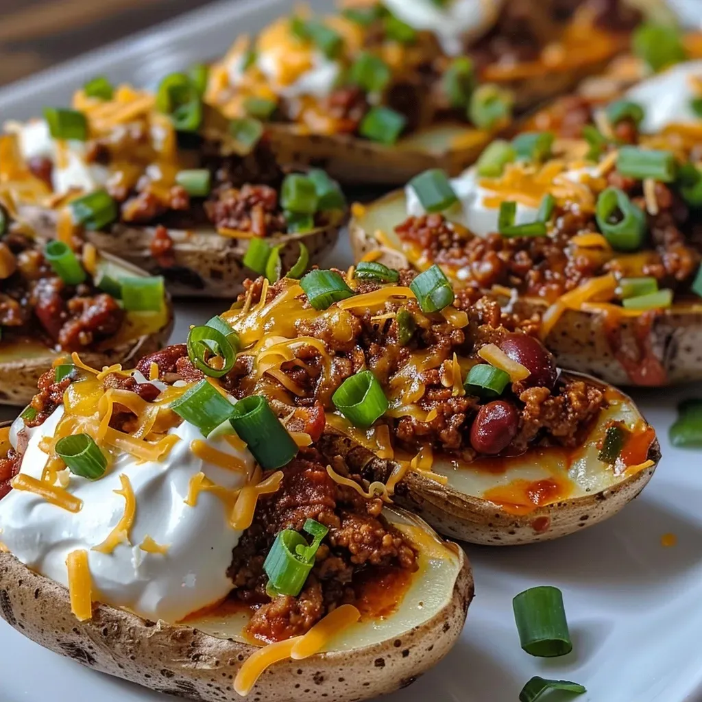 ['Close-up of crispy potato skins topped with chili and cheese.', 'Side view of loaded potato skins garnished with green onions and sour cream.', 'Appetizing crispy potato skins filled with chili and melted cheddar.', 'Delicious potato skins with chili, cheese, and fresh toppings on a plate.']