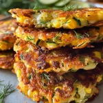 ['A close-up side view of crispy corn and zucchini fritters with a golden-brown crust.', 'Juicy fritters made from sweet corn and shredded zucchini, presented appetizingly.', 'A detailed shot of fresh fritters, showcasing their crispy texture and vibrant color.', 'Crunchy corn and zucchini fritters arranged on a plate, highlighting their delicious ingredients.']