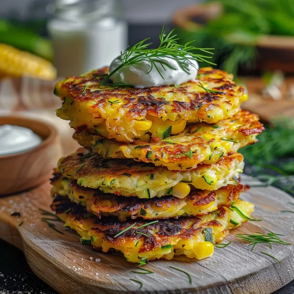 ['A close-up side view of crispy corn and zucchini fritters with a golden-brown crust.', 'Juicy fritters made from sweet corn and shredded zucchini, presented appetizingly.', 'A detailed shot of fresh fritters, showcasing their crispy texture and vibrant color.', 'Crunchy corn and zucchini fritters arranged on a plate, highlighting their delicious ingredients.']