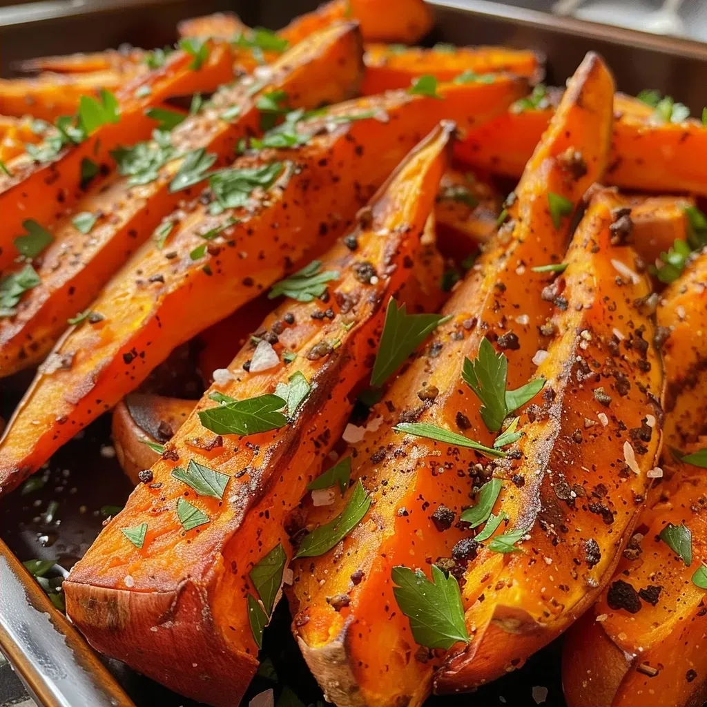 ['A close-up view of golden crispy sweet potato fries on a plate.', 'Juicy, seasoned oven-baked sweet potato fries in a rustic setting.', 'Side view of perfectly cooked sweet potato fries, crispy and golden.', 'A delicious pile of oven-fried sweet potato fries with seasoning.']