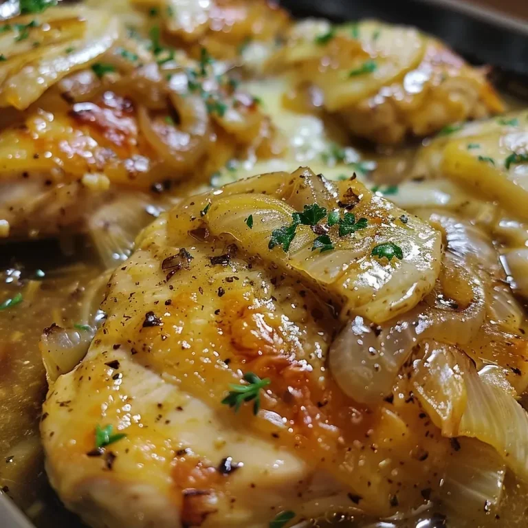 ['Close-up of juicy Crock Pot French Onion Chicken with melted Swiss cheese.', 'Side view of a serving of Crock Pot French Onion Chicken, garnished with onions.', 'Spoonful of tender chicken breasts in a savory onion and cheese sauce from the crockpot.', 'Plated Crock Pot French Onion Chicken with caramelized onions and cheese on top.']