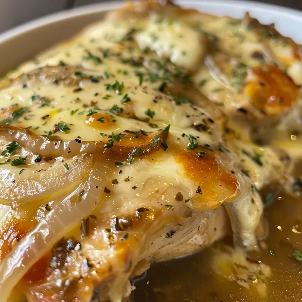 ['Close-up of juicy Crock Pot French Onion Chicken with melted Swiss cheese.', 'Side view of a serving of Crock Pot French Onion Chicken, garnished with onions.', 'Spoonful of tender chicken breasts in a savory onion and cheese sauce from the crockpot.', 'Plated Crock Pot French Onion Chicken with caramelized onions and cheese on top.']