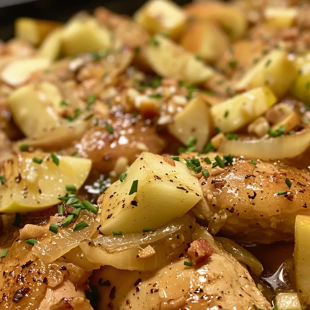 ['Close-up view of a delicious crockpot apple chicken dish with sliced apples and garnishes.', 'Juicy Crockpot Apple Chicken with visible honey glaze and sliced onions, served in a bowl.', 'Side view of tender chicken breasts in a savory apple sauce, garnished with apple slices.', 'Appetizing crockpot meal featuring golden chicken, apples, and aromatic spices.']